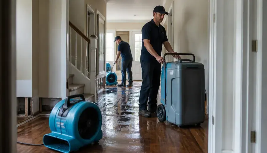 Technicians moving a dehumidifier across a wet wood floor with an air mover running in a Smyrna home