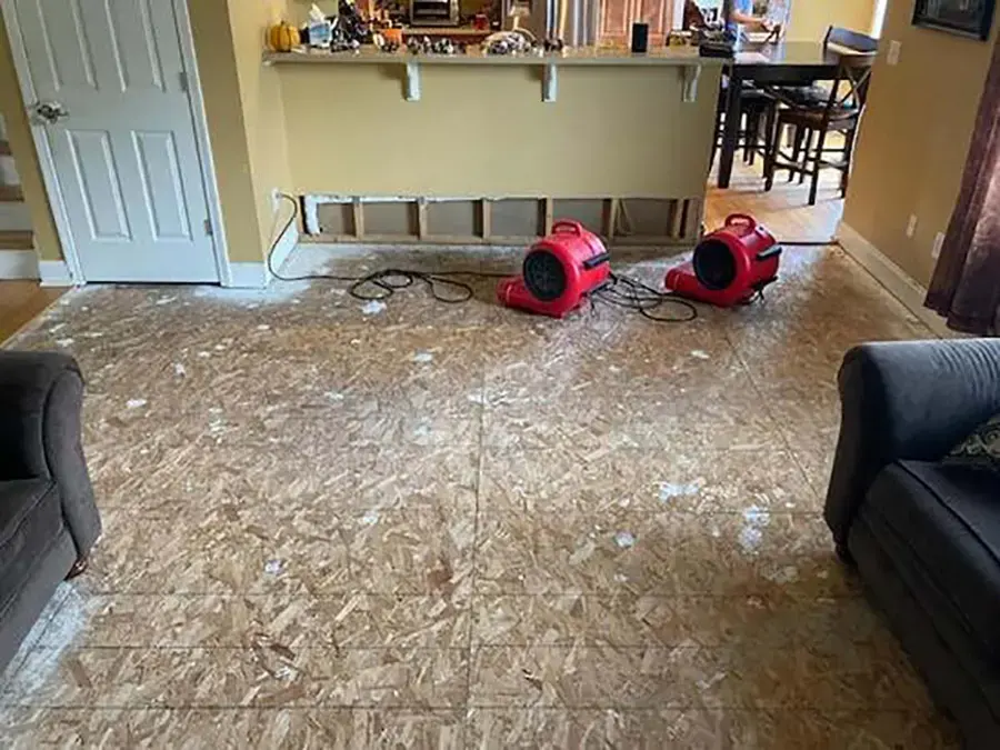 Subfloor left bare after flooring removal, with two red air movers drying it