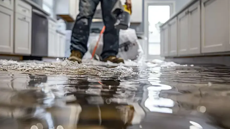 A kitchen floor covered in standing water before extraction starts
