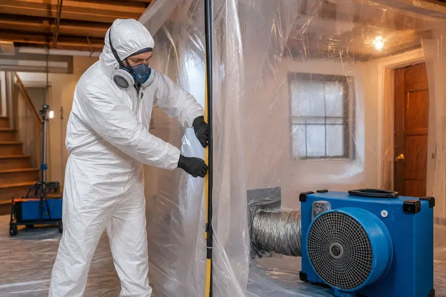 Technician in a protective suit setting up plastic containment beside an air scrubber